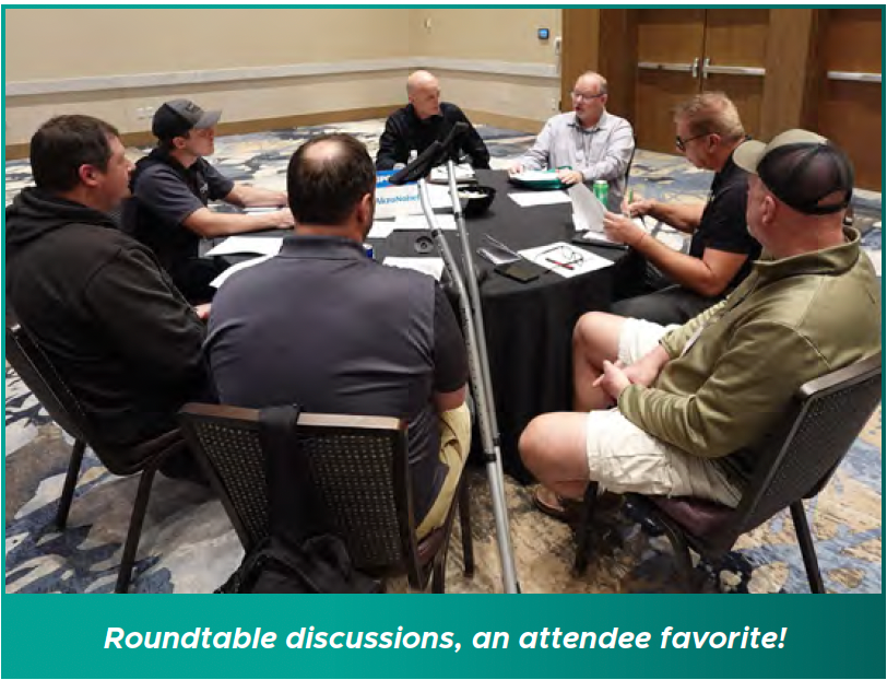 Small group in a hotel conference room seated around a roundtable discussion; caption reads “Roundtable discussions, an attendee favorite”