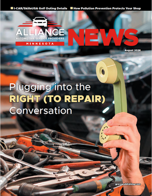 Hand holding yellow tape measure over tool-filled workbench, with Alliance News cover text about repair conversation