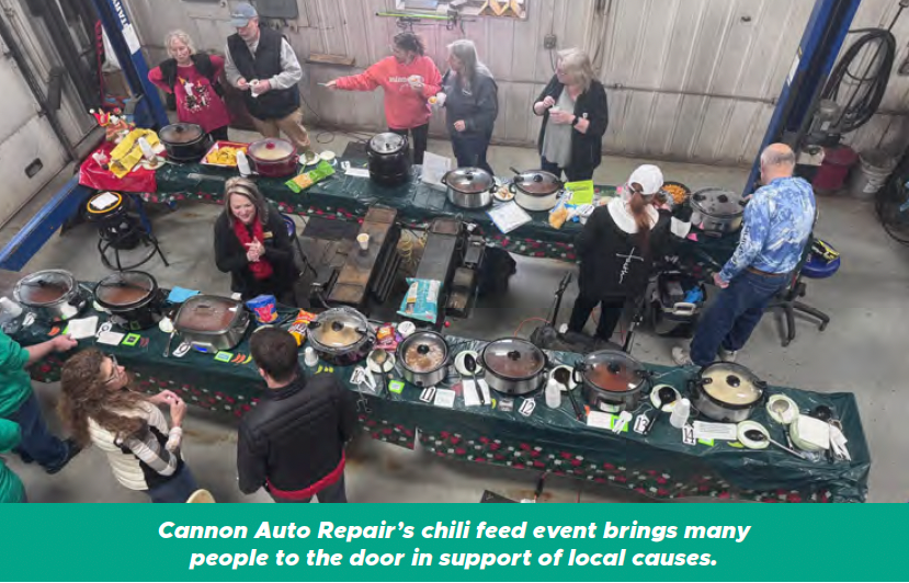 Charity event with crowded tables of cookware and volunteers under a canopy, captioned as a child-fee fund drive.