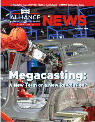 Alliance News magazine cover featuring a red robotic arm over a silver car body, titled “Megacasting”
