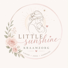 Zachtroze rond logo met bloemtakken en een illustratie van een kind, met de tekst "Little Sunshine Kraamzorg".