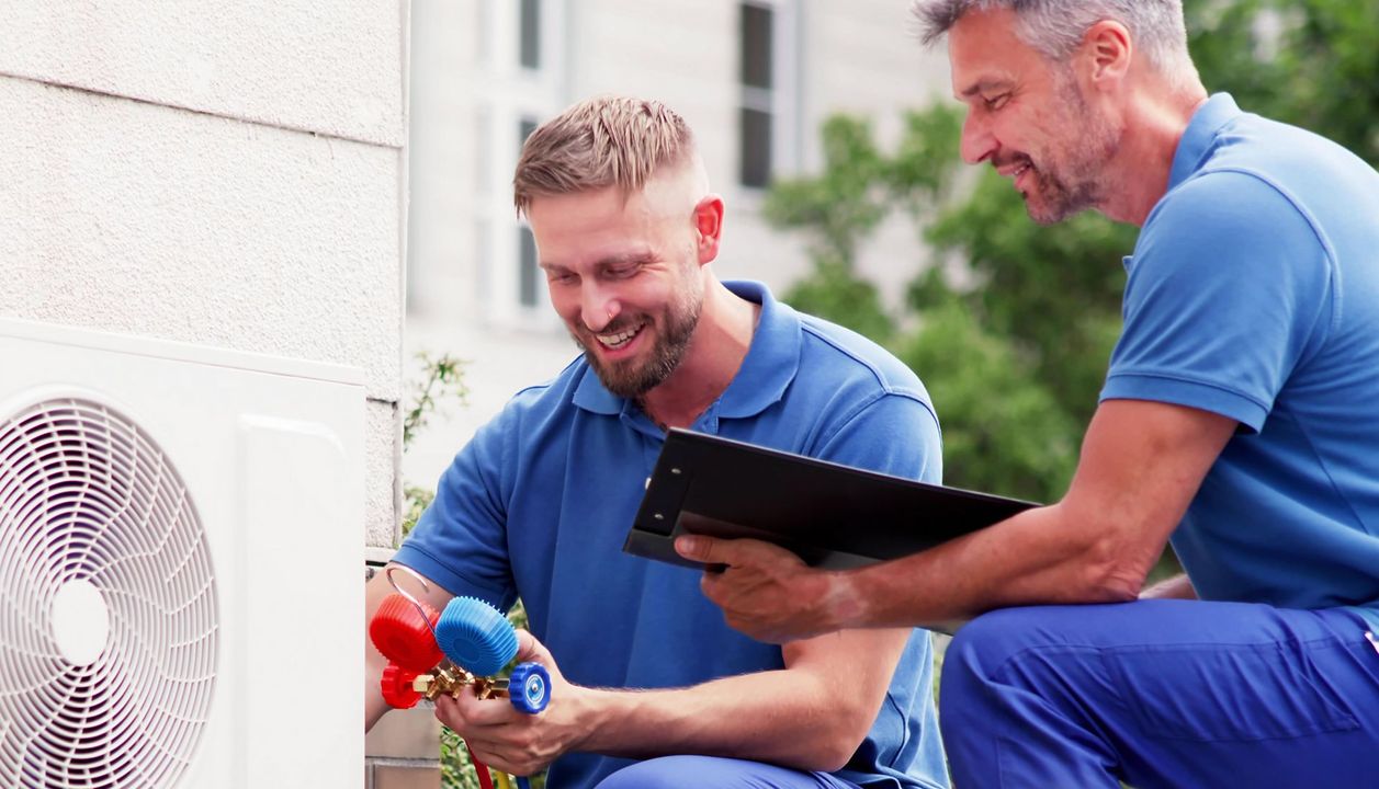Two technicians in blue uniforms work together to repair an outdoor air conditioning unit while consulting a clipboard.