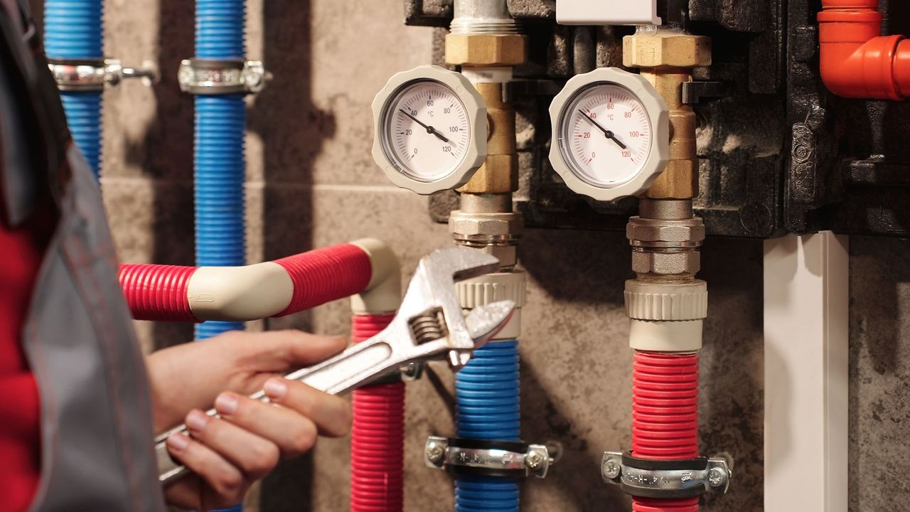 A person holds an adjustable wrench near pipes and pressure gauges in a mechanical room.