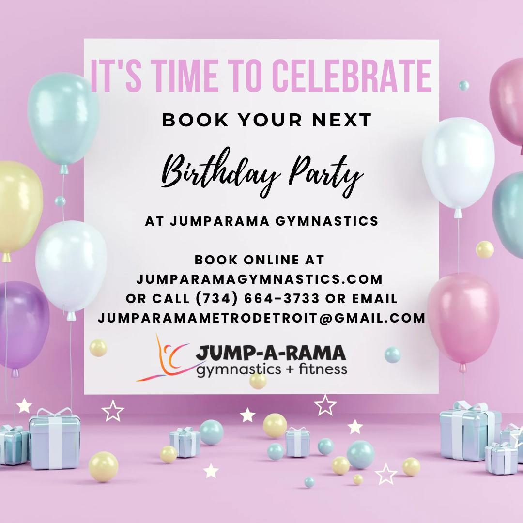 An advertisement for a birthday party at jump-a-rama gymnastics