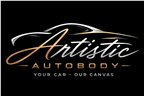 Artistic Autobody logo on black background with gold script and slogan “Your car, our passion.”