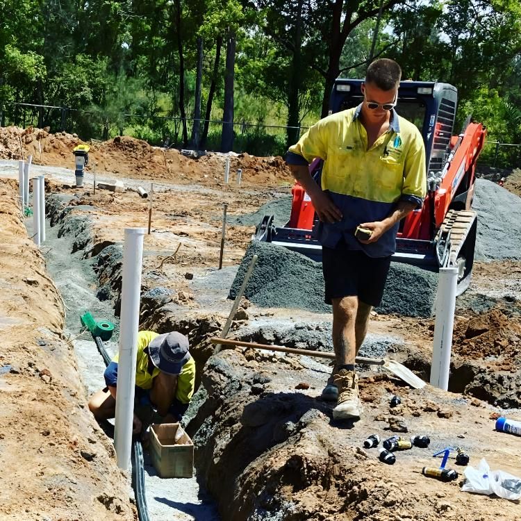 A Man in a Yellow Shirt is Walking in the Dirt Near a Bulldozer — Shawline Plumbing and Drainage In Iluka, NSW
