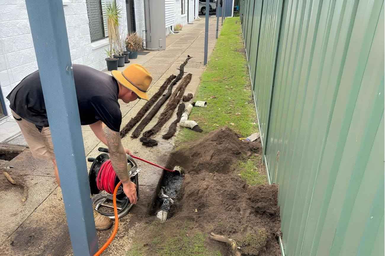 A Man is Digging a Hole in the Ground Next to a Fence — Shawline Plumbing and Drainage In Iluka, NSW