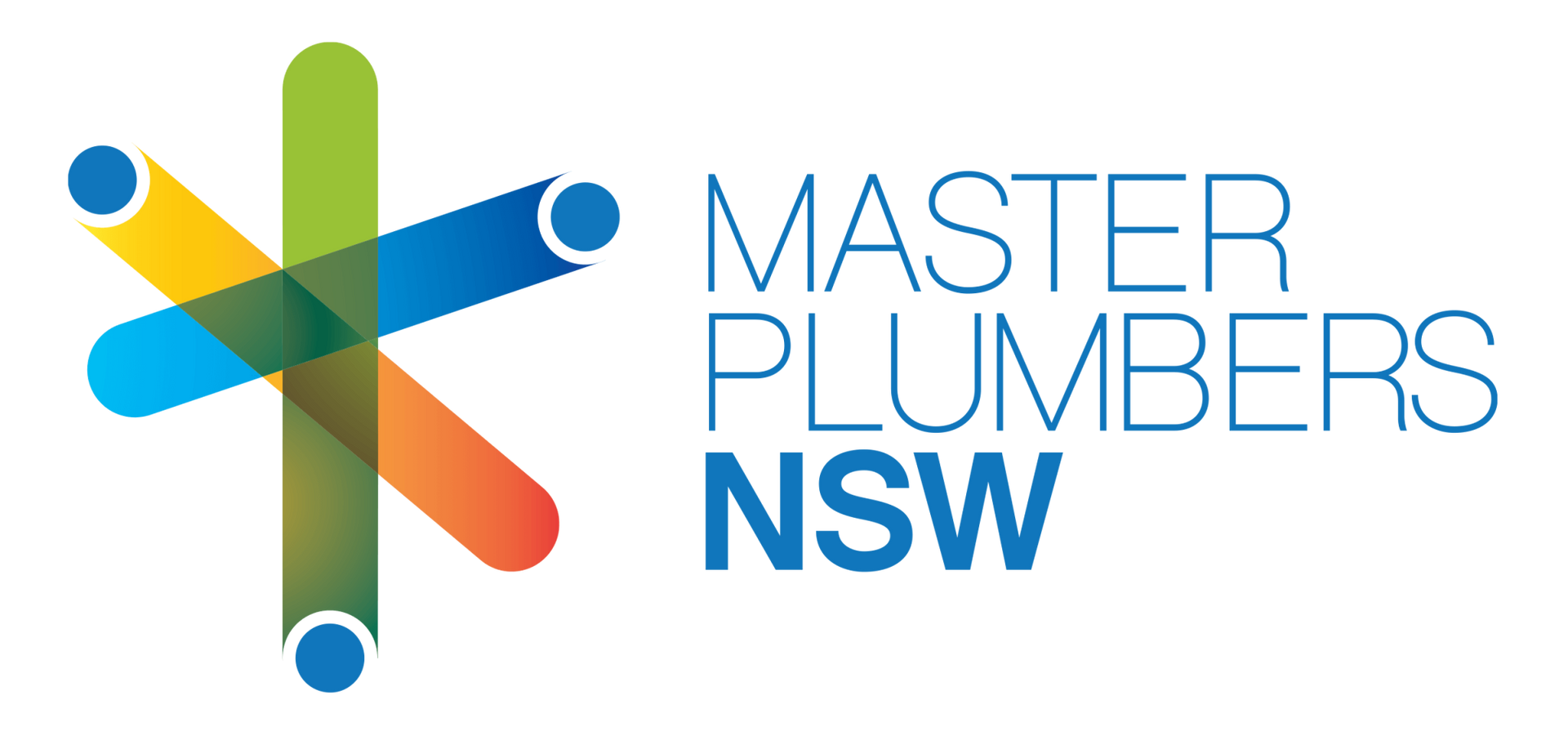 Logo of Master Plumbers NSW with a colorful star-like shape and text.
