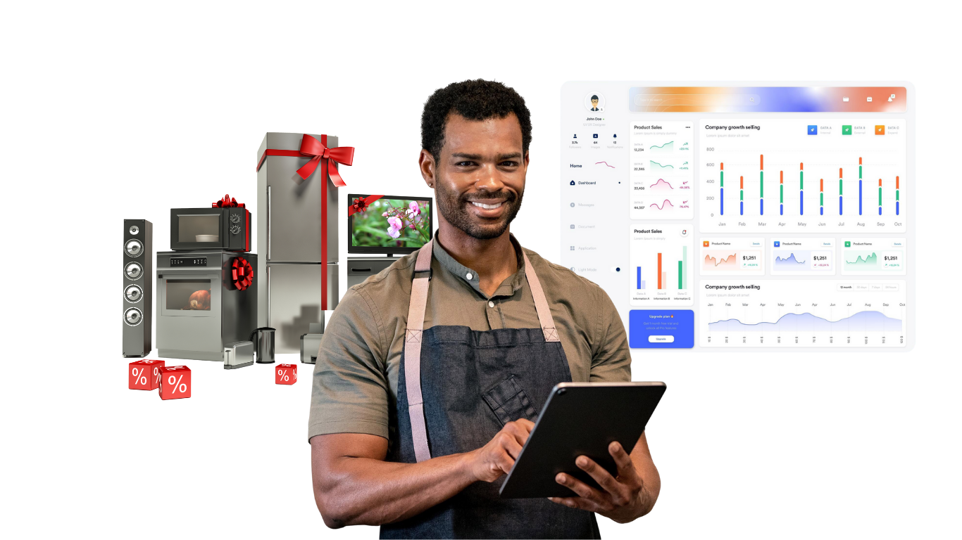 Man in apron using tablet, surrounded by appliances and data dashboard, smiling.