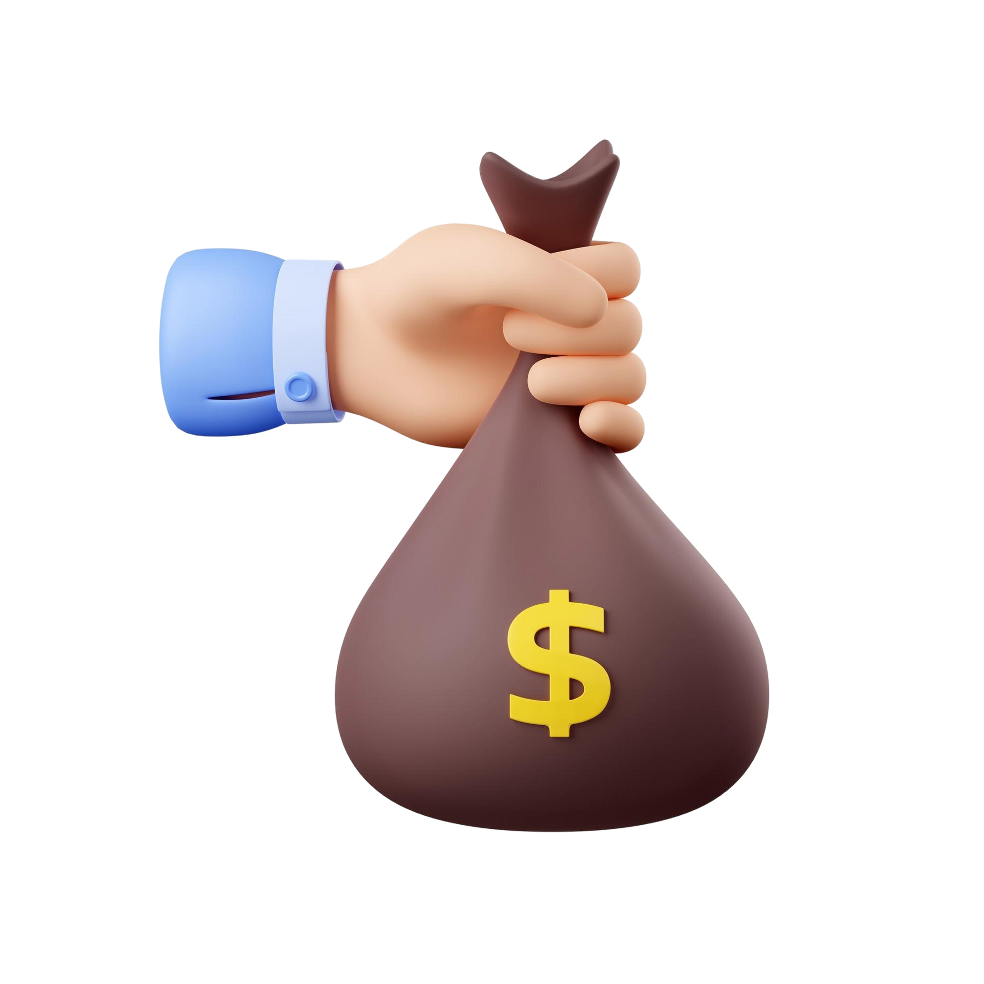 Hand holding a brown money bag with a yellow dollar sign.