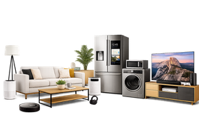 Appliances on moving dollies: oven, washing machine, refrigerator, white background.