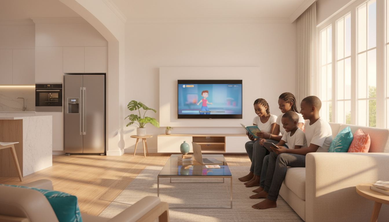 A family sits on a beige sofa in a sunlit living room, watching a screen while one member looks at a tablet.