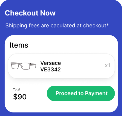 Checkout summary with one pair of Versace VE3342 eyeglasses, total $90. Proceed to Payment button.