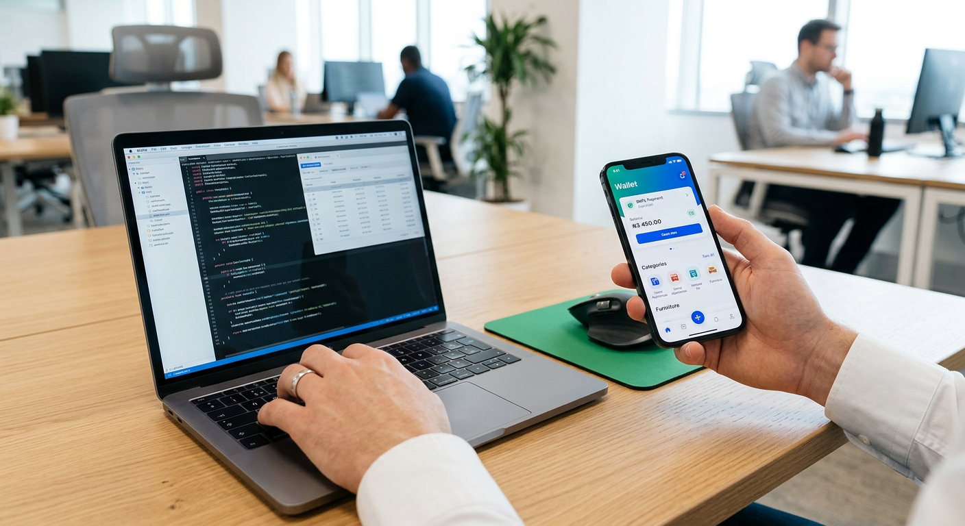 Person working on a laptop while holding a smartphone in a modern office