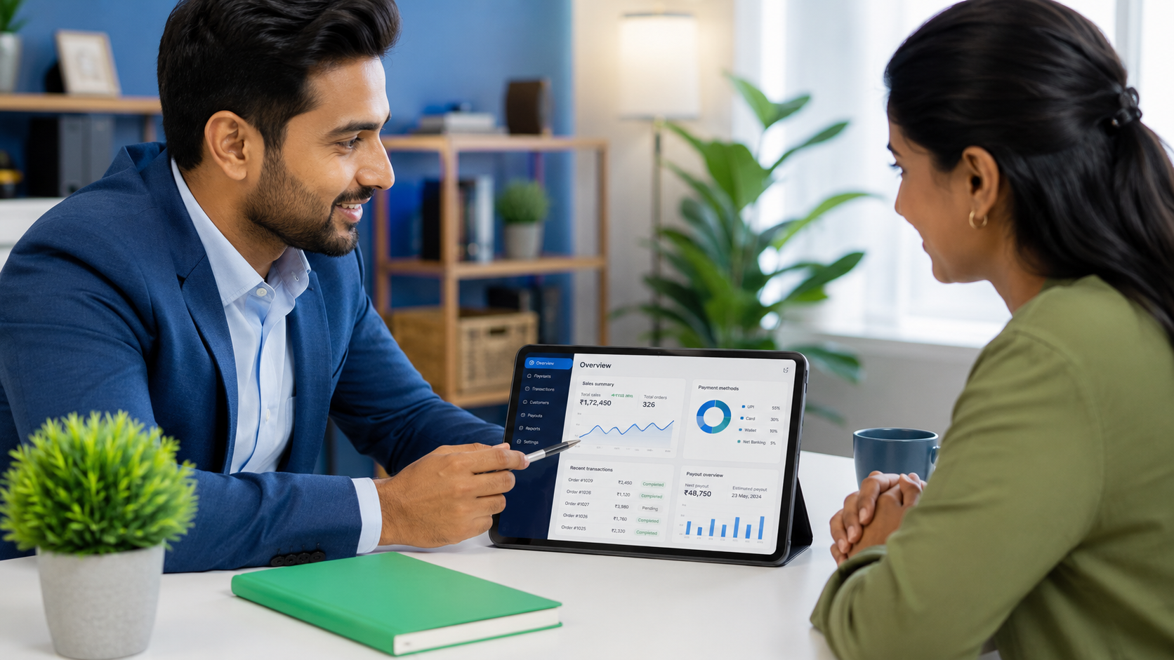 Two coworkers discuss analytics on a tablet at a desk in a bright office.