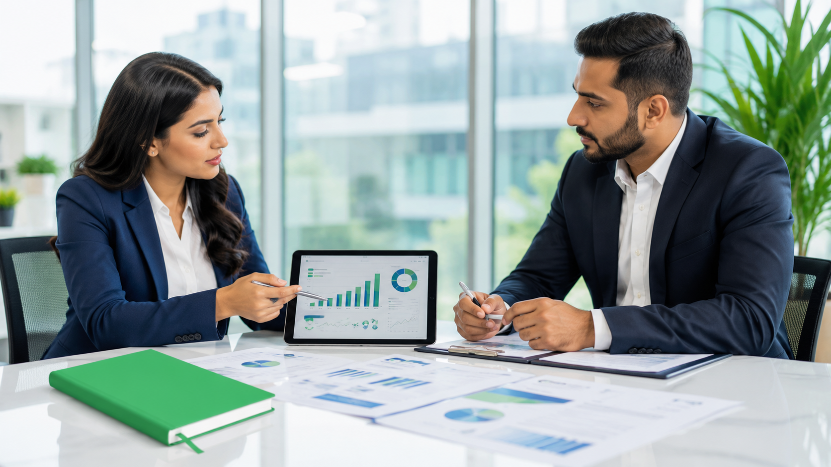 Two professionals discussing charts at a desk with a tablet and documents in a bright office