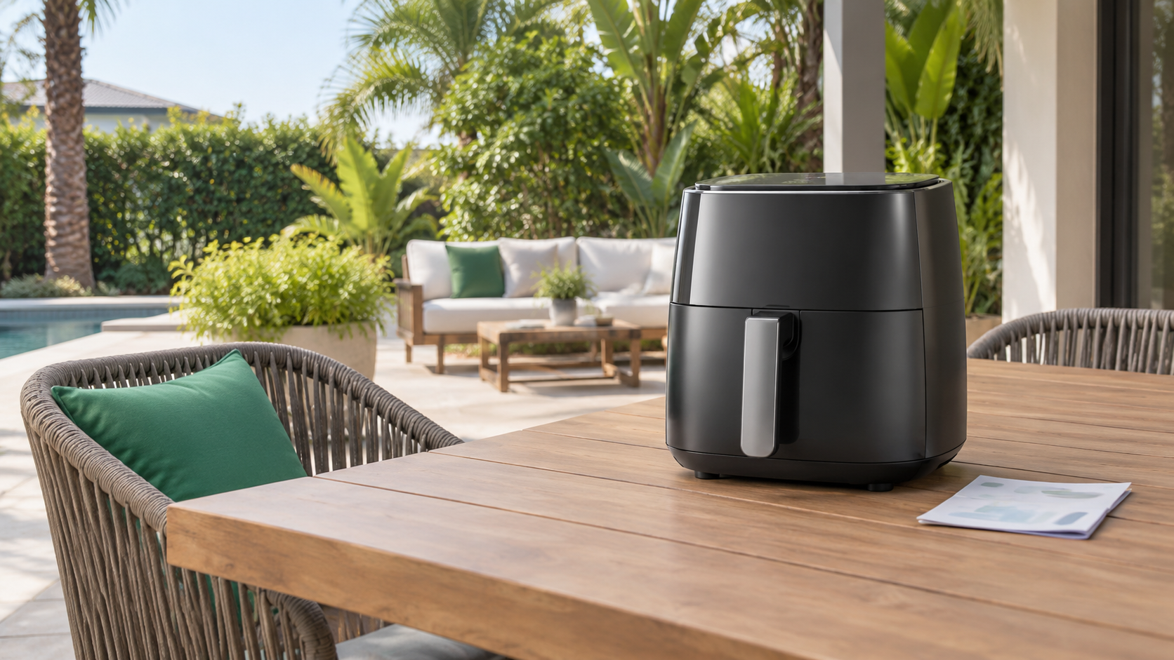 Patio table with a black air fryer, wicker chairs, and tropical garden view
