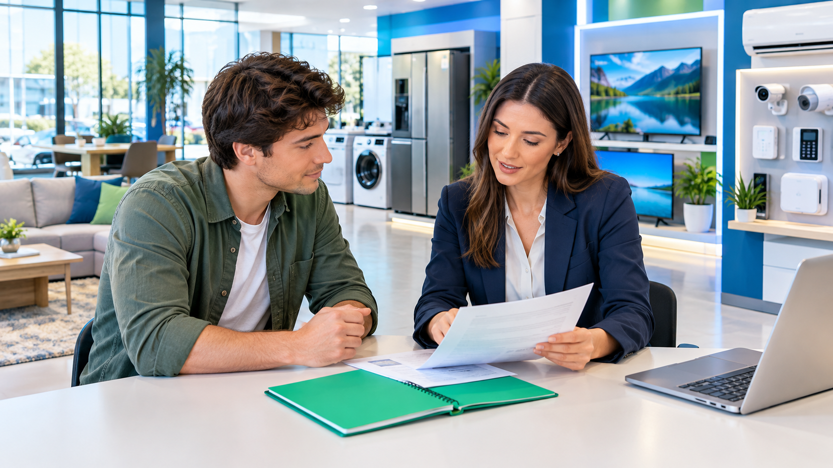 Two coworkers review documents at a desk in a bright office with laptops and product displays.