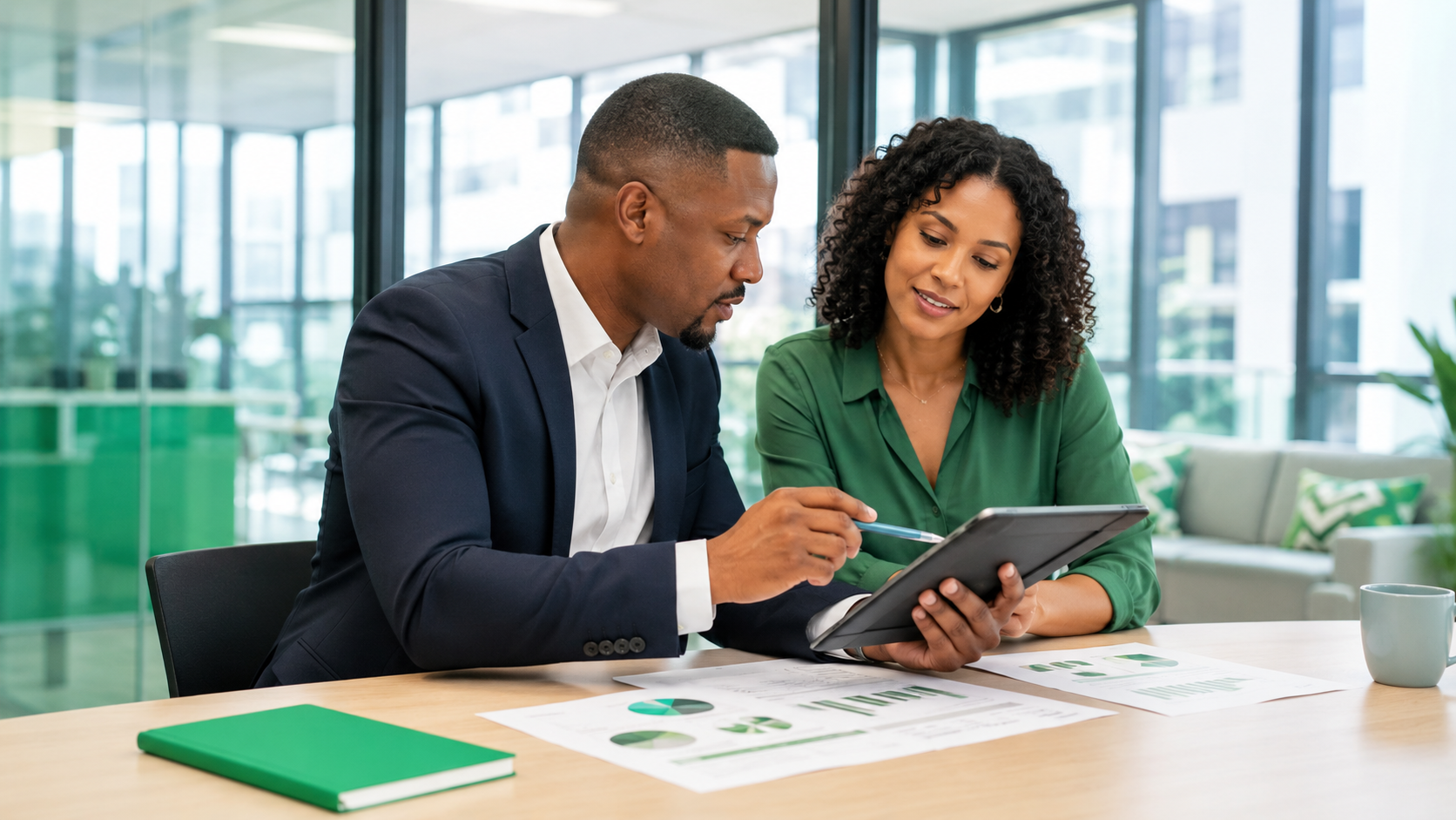 Two coworkers review a tablet at a desk in a bright office with charts and a green notebook.