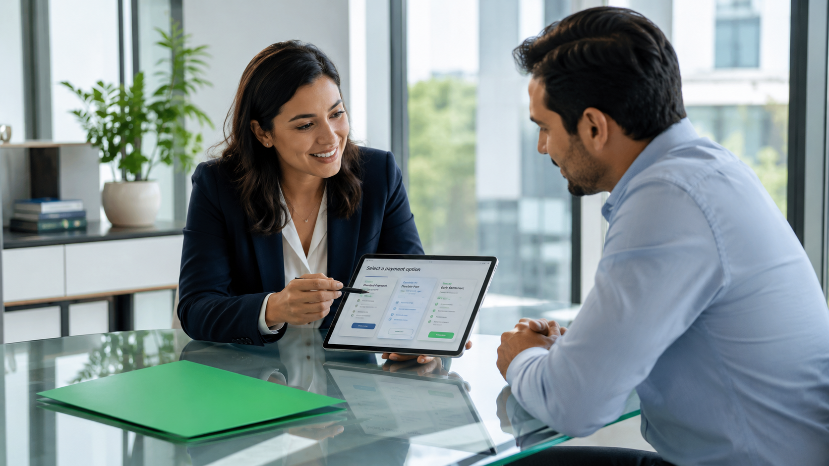 Two coworkers discuss a tablet in a bright office, with a green folder on the table.