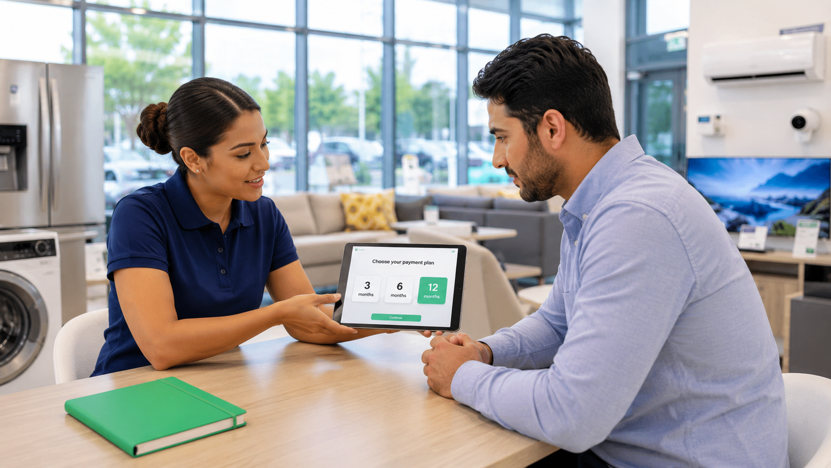 Two coworkers review a tablet at a desk in a bright office, with a green folder in the foreground.