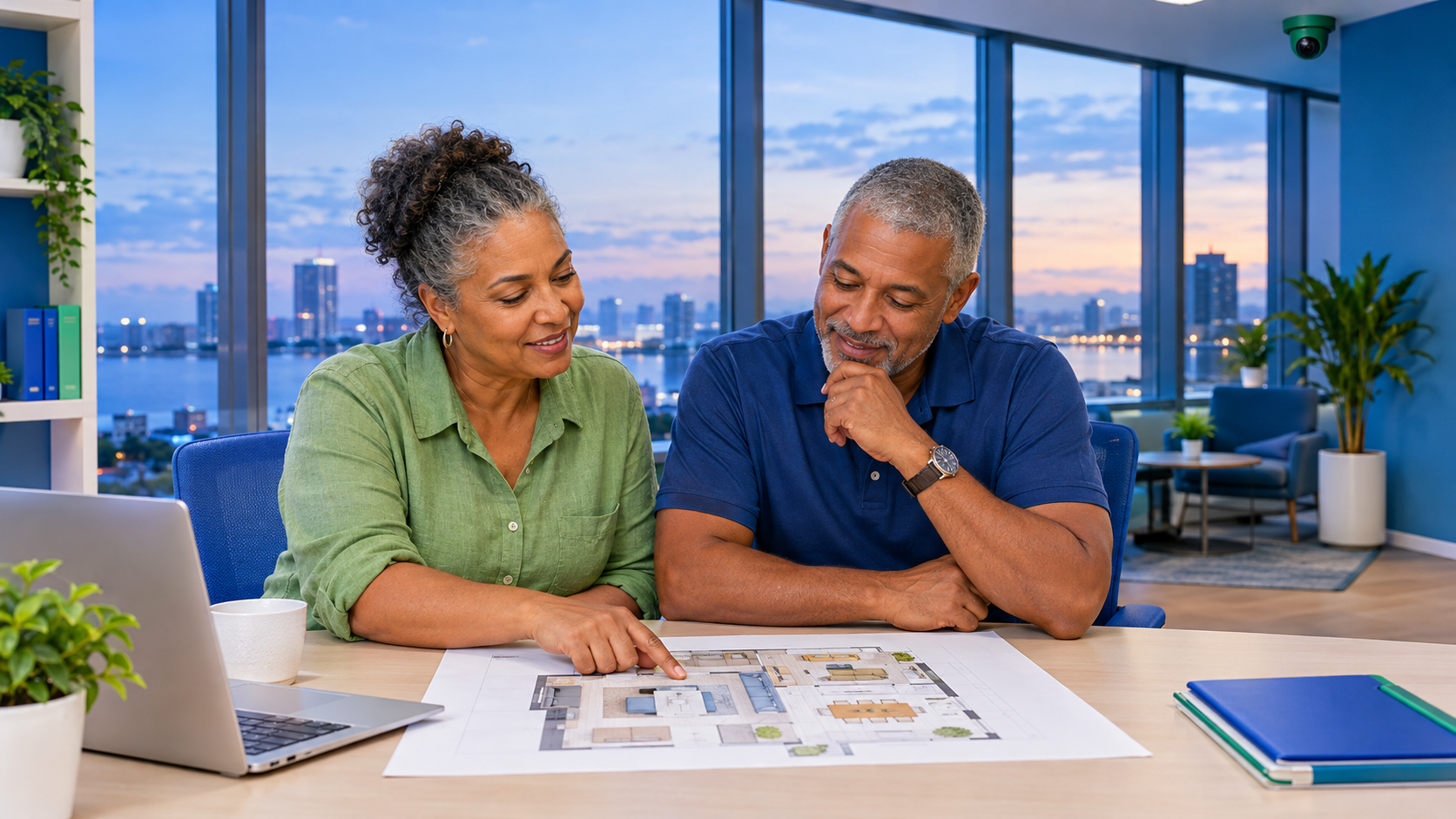 Two people reviewing documents at a desk in a bright office with city views