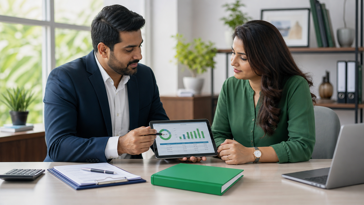 Two coworkers discussing a laptop with charts in a bright office, with notebooks and a tablet on the desk.