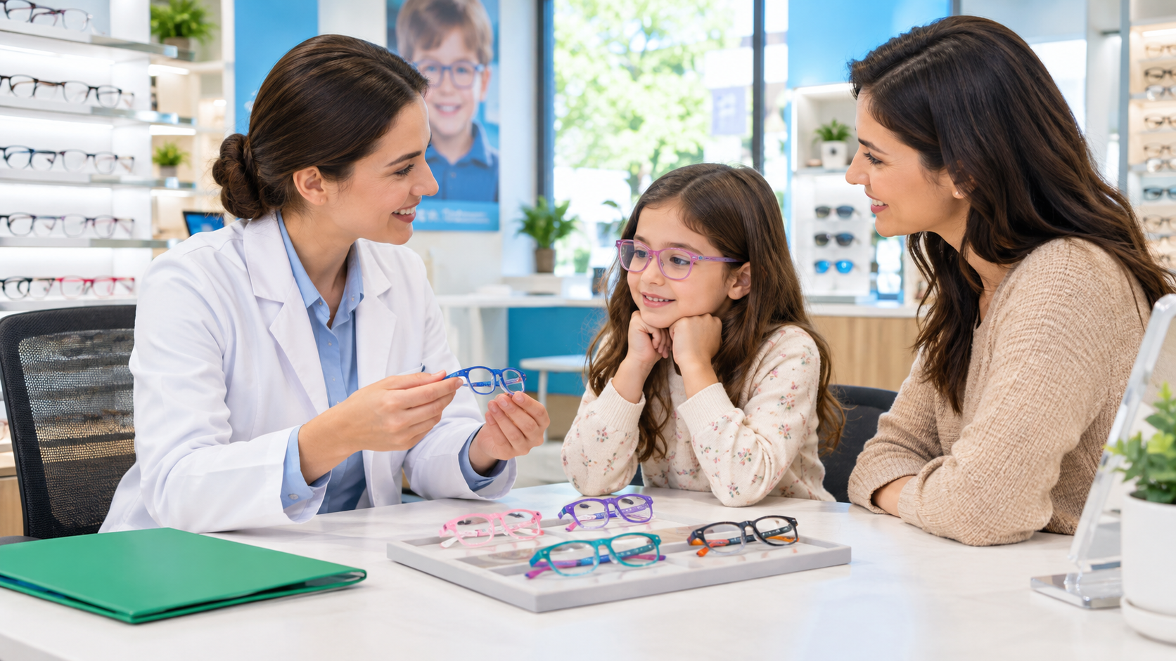 Eye care specialist showing glasses to a child while her parent watches in a bright clinic