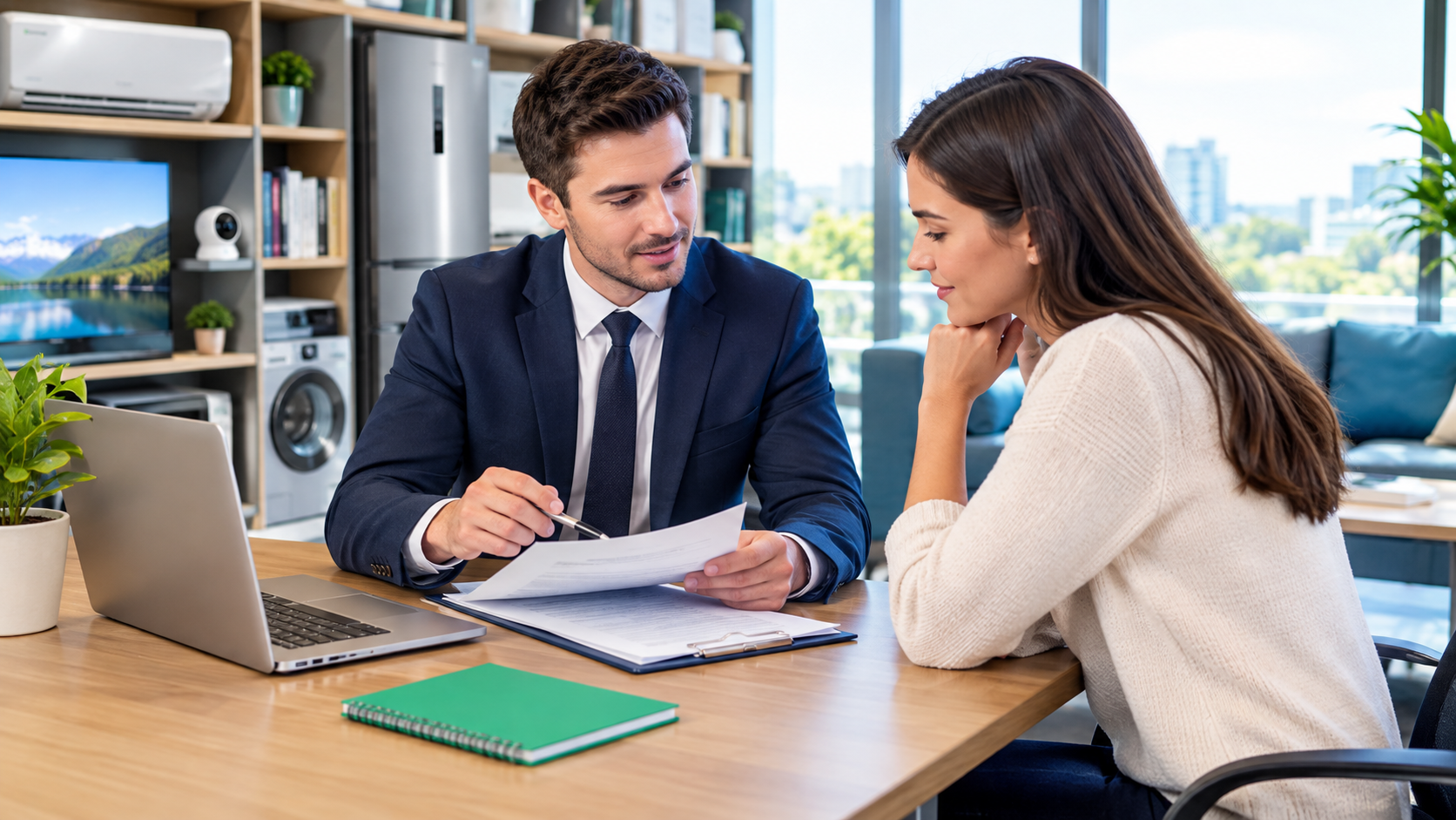 Two professionals discuss documents at a desk in a bright office with a laptop and notebooks.