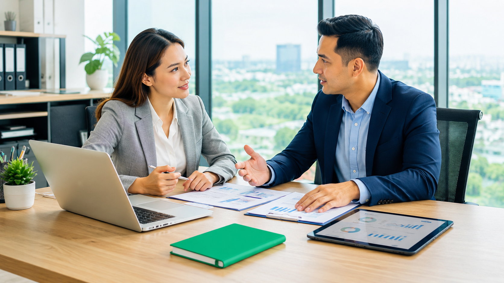 Two coworkers discuss documents at a desk in a bright office, with a laptop and city view in the background