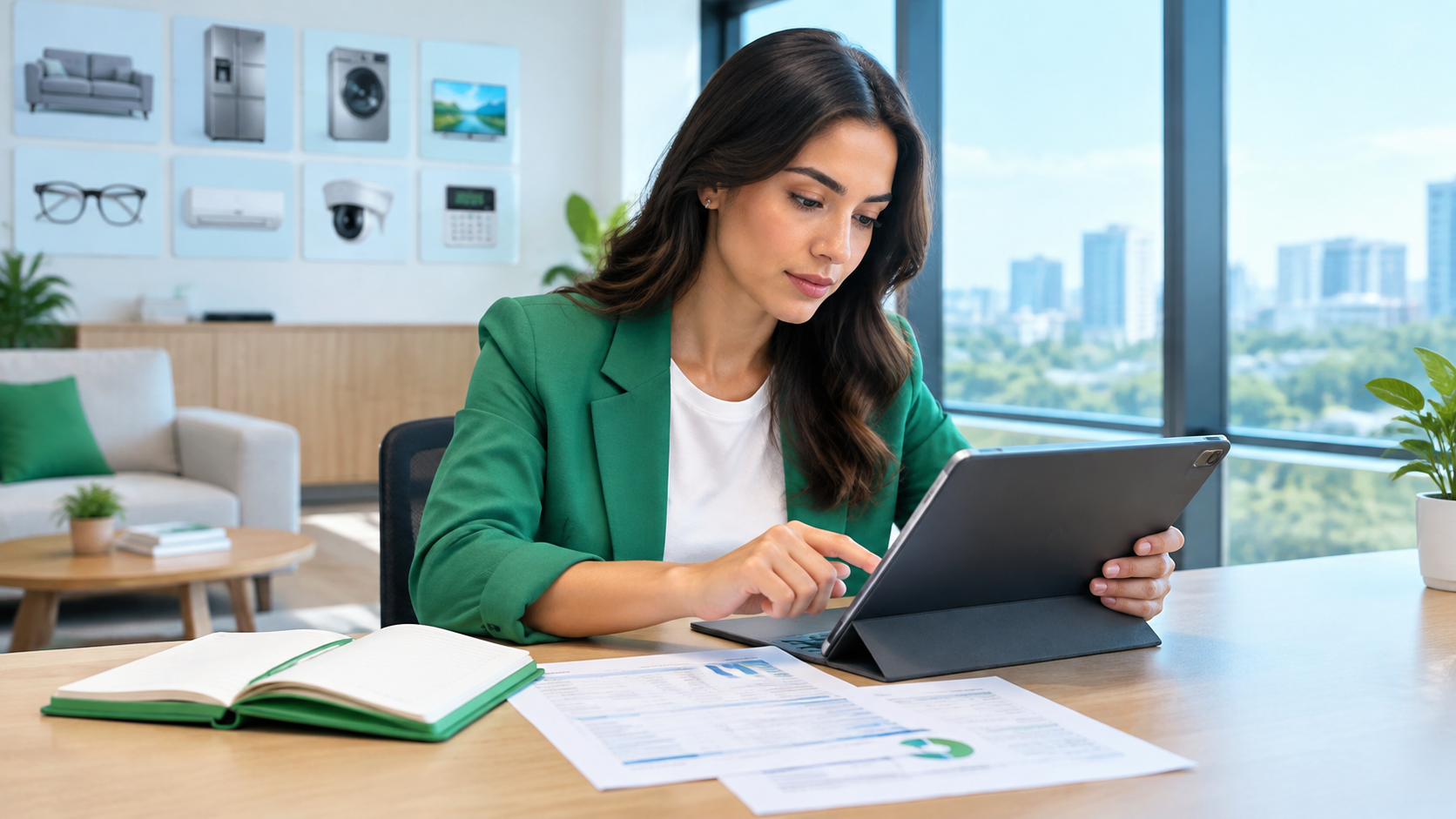 Woman in green blazer using a tablet at a desk with papers and an open notebook in a bright office