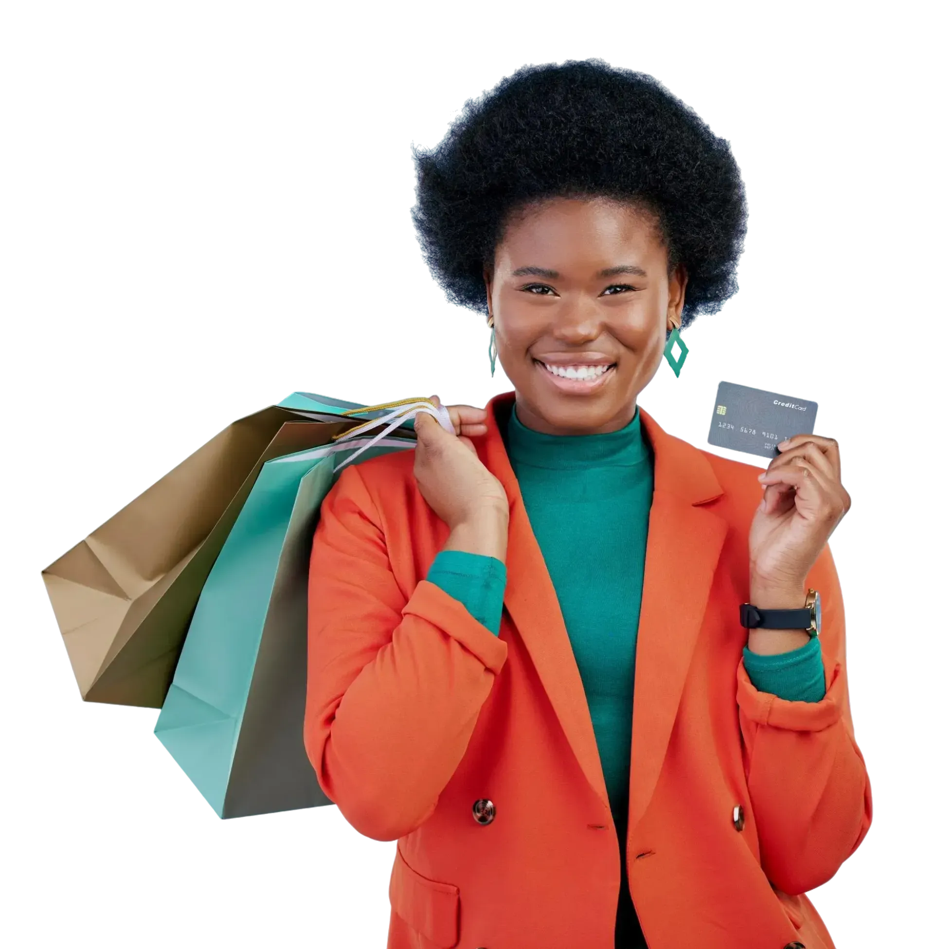 Woman holding shopping bags and credit card, smiling.
