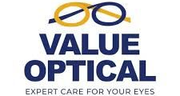 Logo for Value Optical: overlapping eyeglasses in gold and blue above navy blue text.