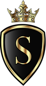 The letter s is on a black shield with a gold crown.