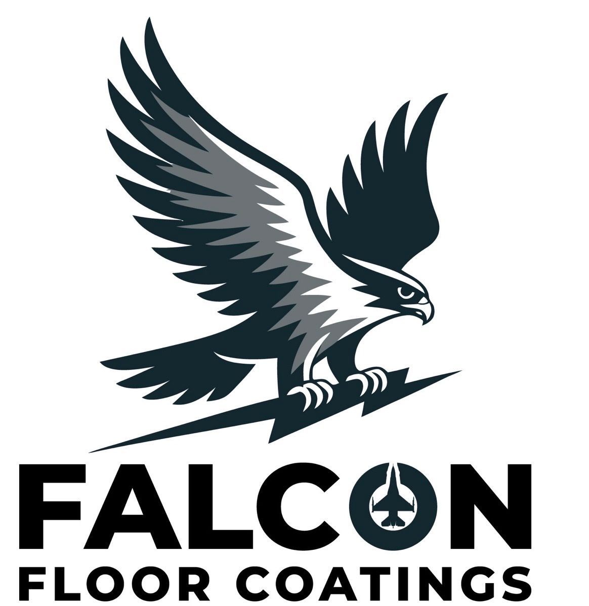 Falcon Floor Coatings logo with black falcon graphic and gray tagline on white background