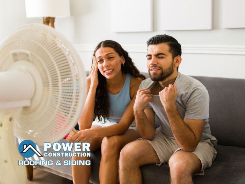 A man and a woman are sitting on a couch looking at a fan.