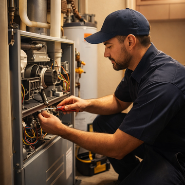 Technician in navy uniform adjusting wiring inside an open electrical panel