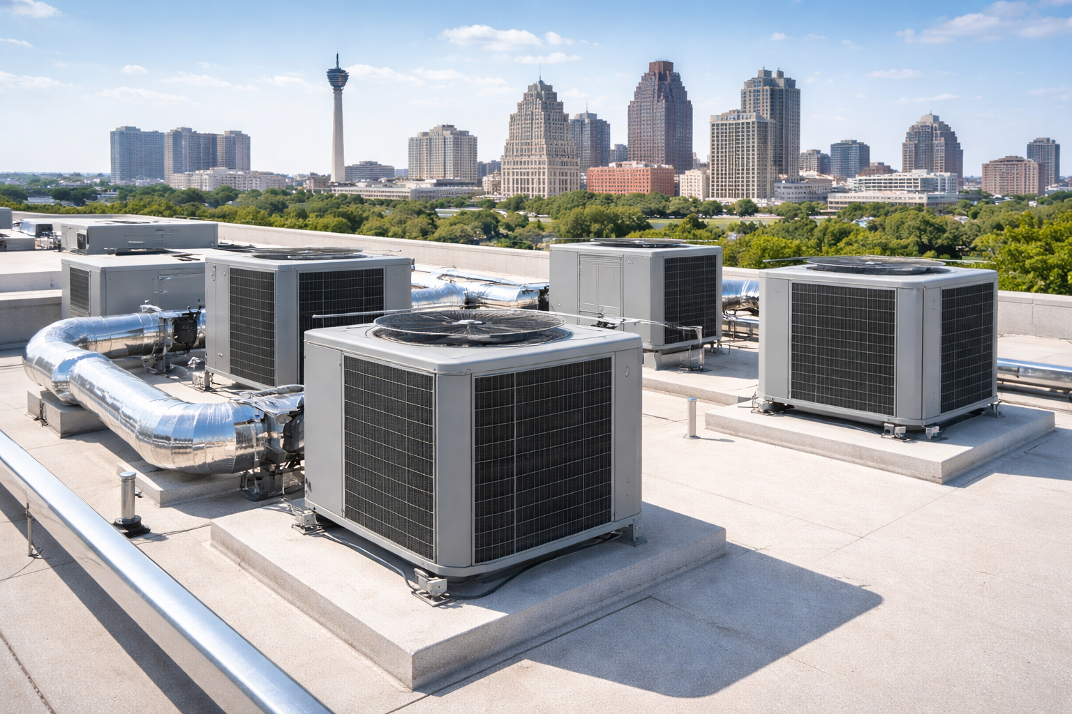 Rooftop HVAC units in front of a city skyline with a tall tower in the distance