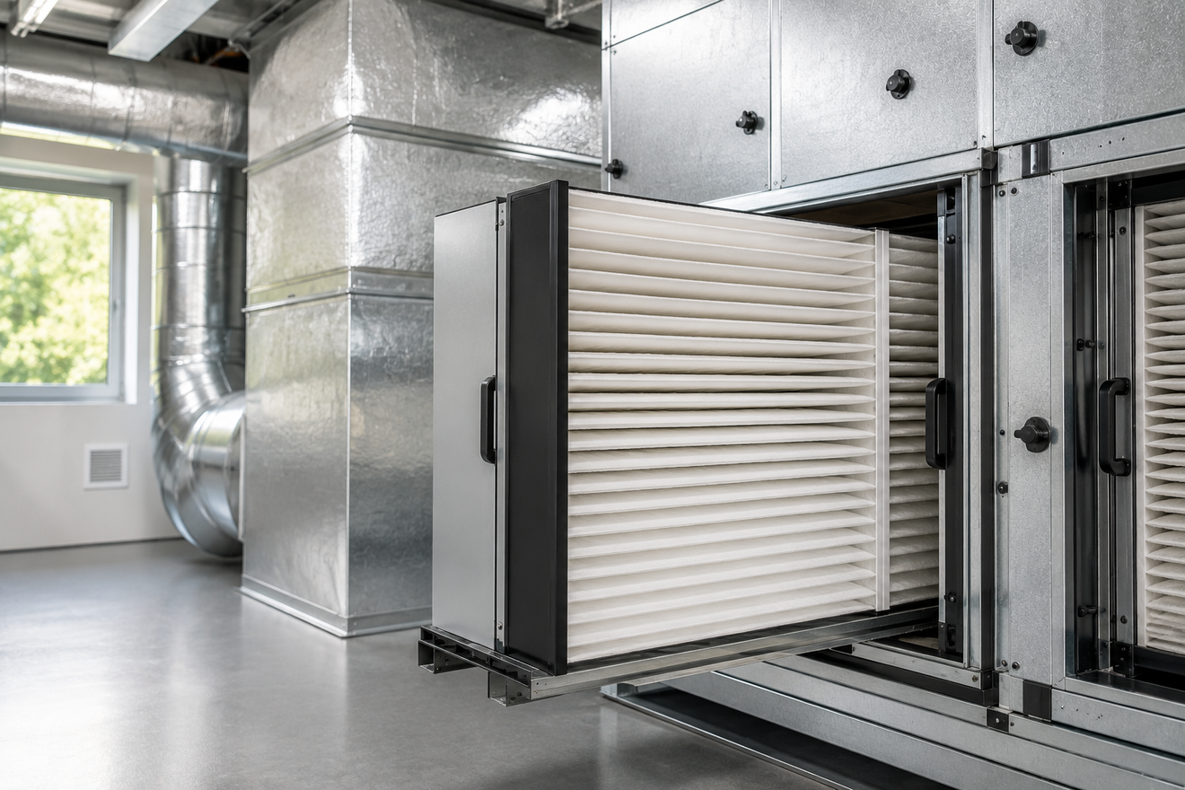 Industrial air filtration unit with a white pleated filter in a metal HVAC room