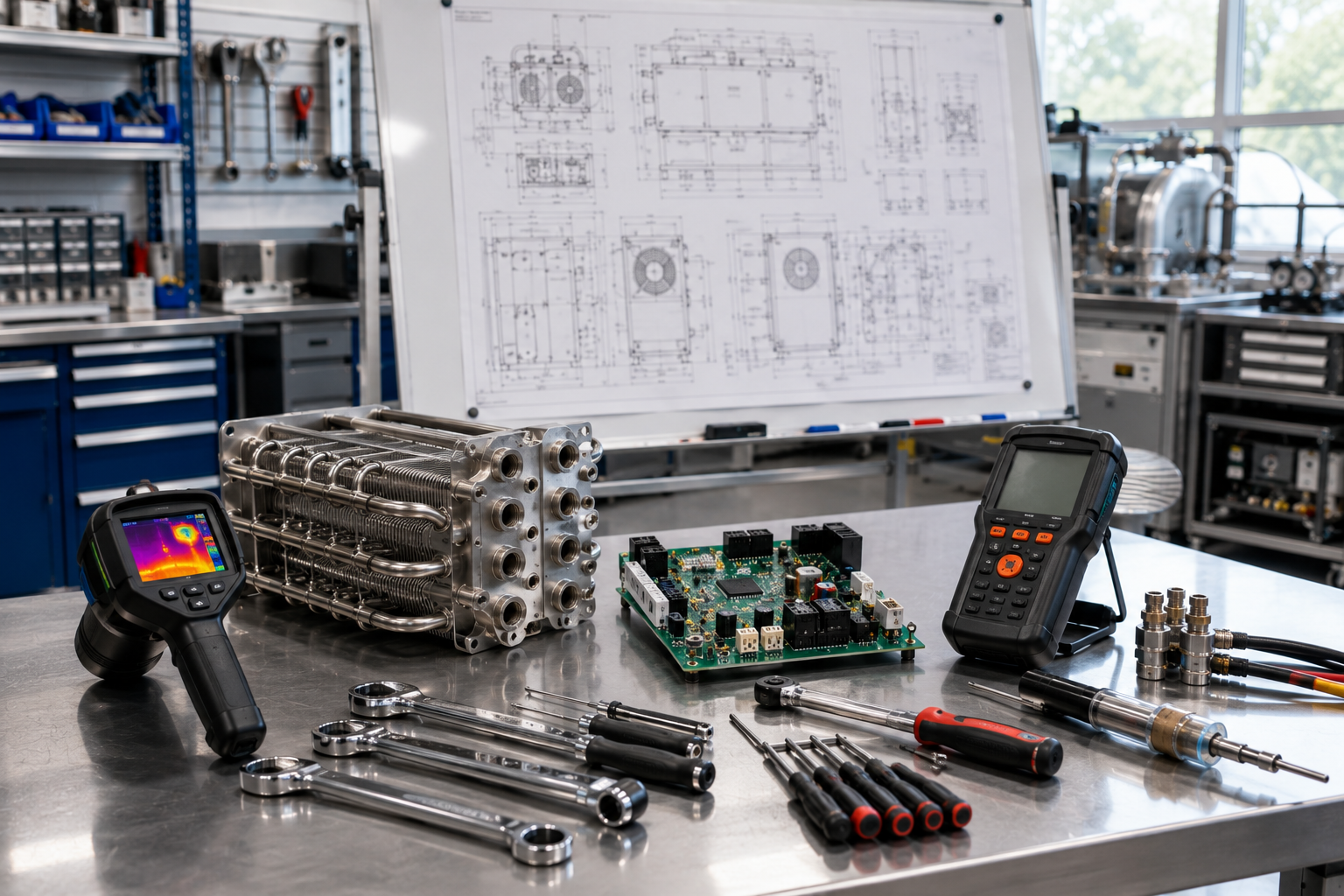 Engineering workshop table with tools, circuit board, metal parts, and blueprints in the background