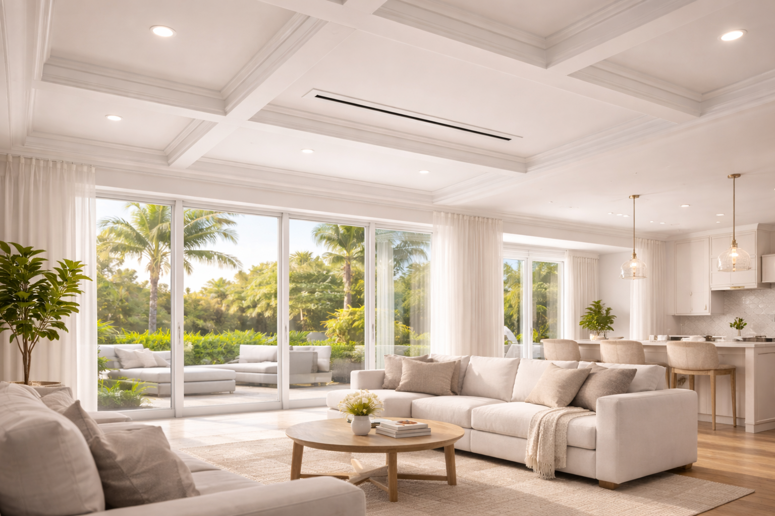 Bright, airy living room with white sofas, large windows, and a tropical garden view