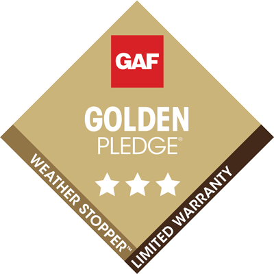 GAF Golden Pledge Limited Warranty logo with a red square, gold diamond, and three stars.