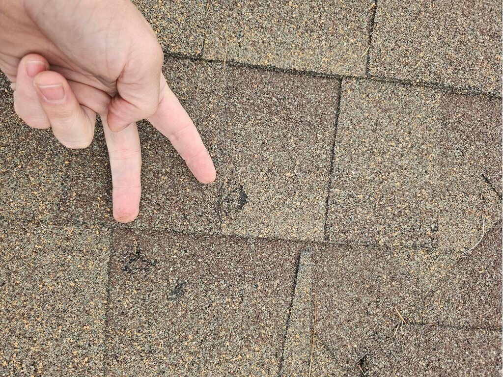 A person is pointing at a hole in a roof.