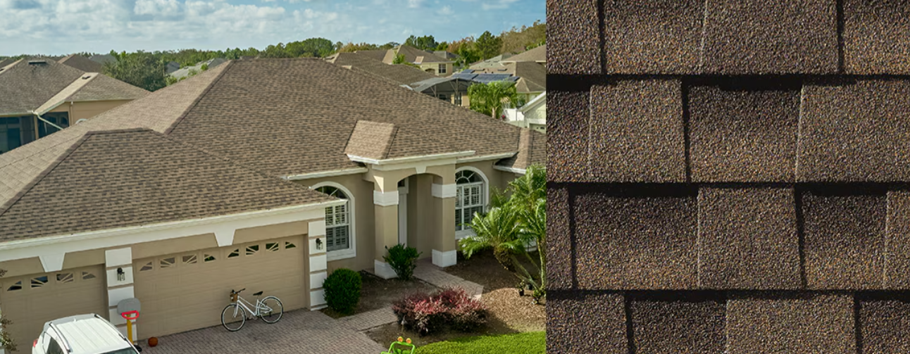 A house with brown shingles next to a close-up of the shingles.