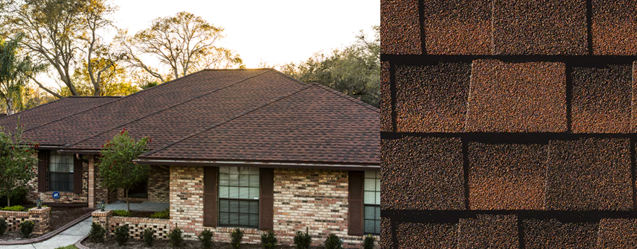House with brown roof shingles next to a close-up of the shingles.