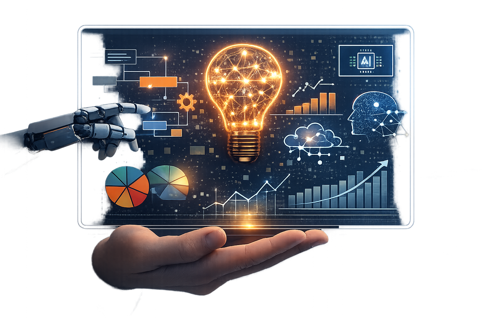 Robotic hand and human hand holding a digital screen with glowing lightbulb, charts, and AI interface