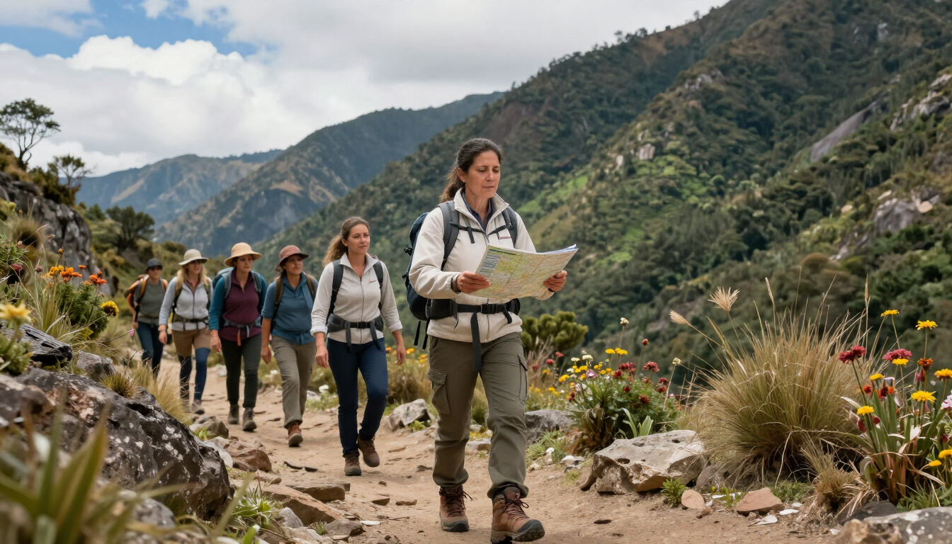 Grupo de excursionistas caminando por un sendero de montaña, uno de ellos leyendo un mapa en primer plano.