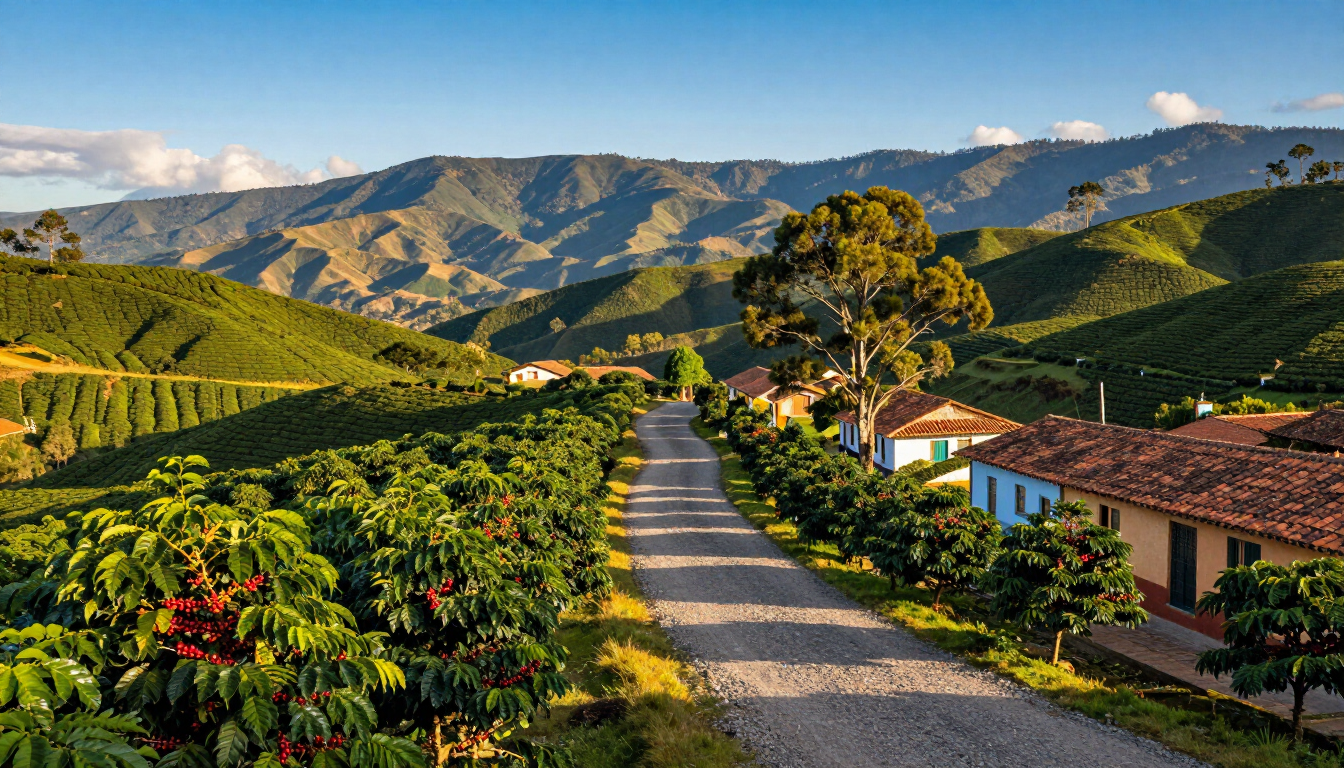 Valle de montaña bañado por el sol, con un camino de grava, cultivos verdes y casas con tejados rojos
