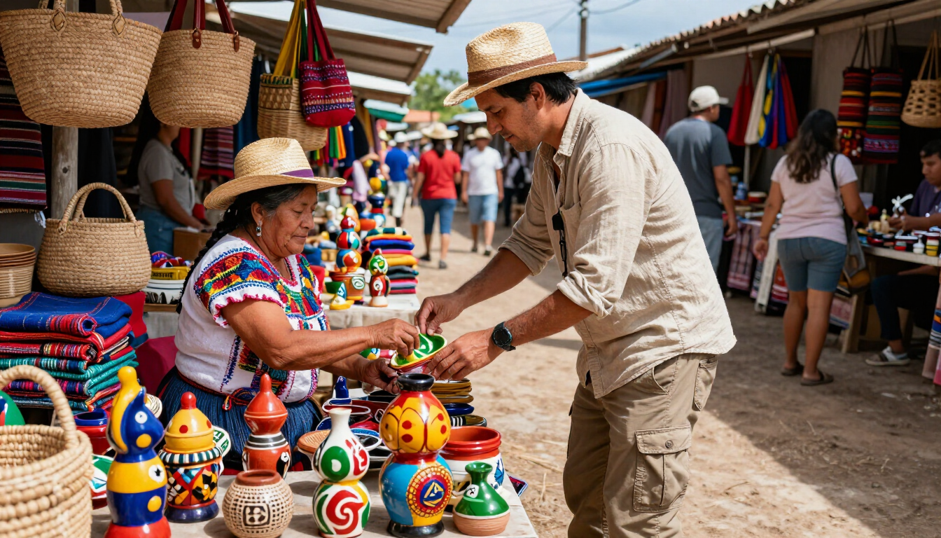 Un vendedor entrega un juguete colorido a un cliente en un puesto de mercado al aire libre, rodeado de cestas tejidas y artesanías