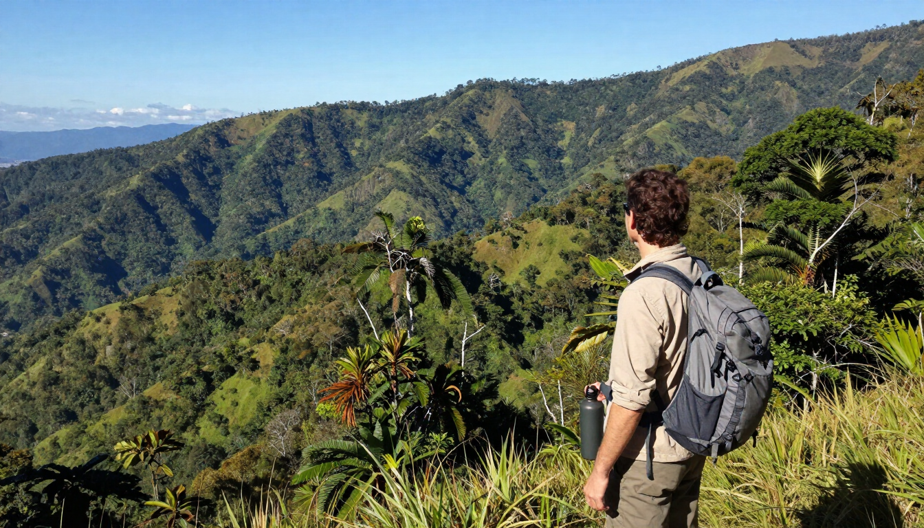 Una persona con mochila contempla un frondoso valle de montaña bajo un cielo despejado